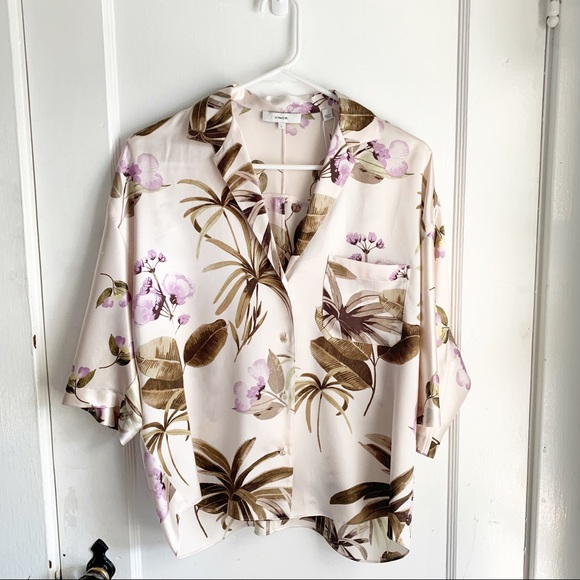 Vince 100% Silk Tropical Garden Satin Lounge Top - Picture 2 of 12